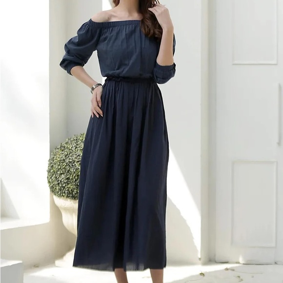 Novica Dresses & Skirts - NOVICA Navy maxi off the shoulder Gathered Waist Dress medium